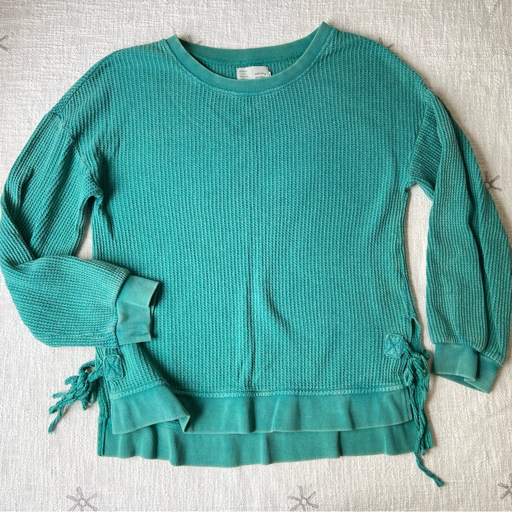 Saturday Sunday waffle knit crewneck pullover sweater M teal green rib knit ties